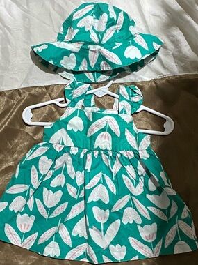 Carters Green Floral Toddler Dress & Sun Hat Set